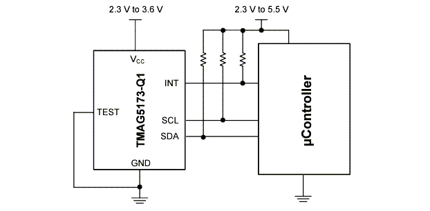 アプリケーション回路図 - Texas Instruments TMAG5173-Q1車載用3Dホール効果センサ